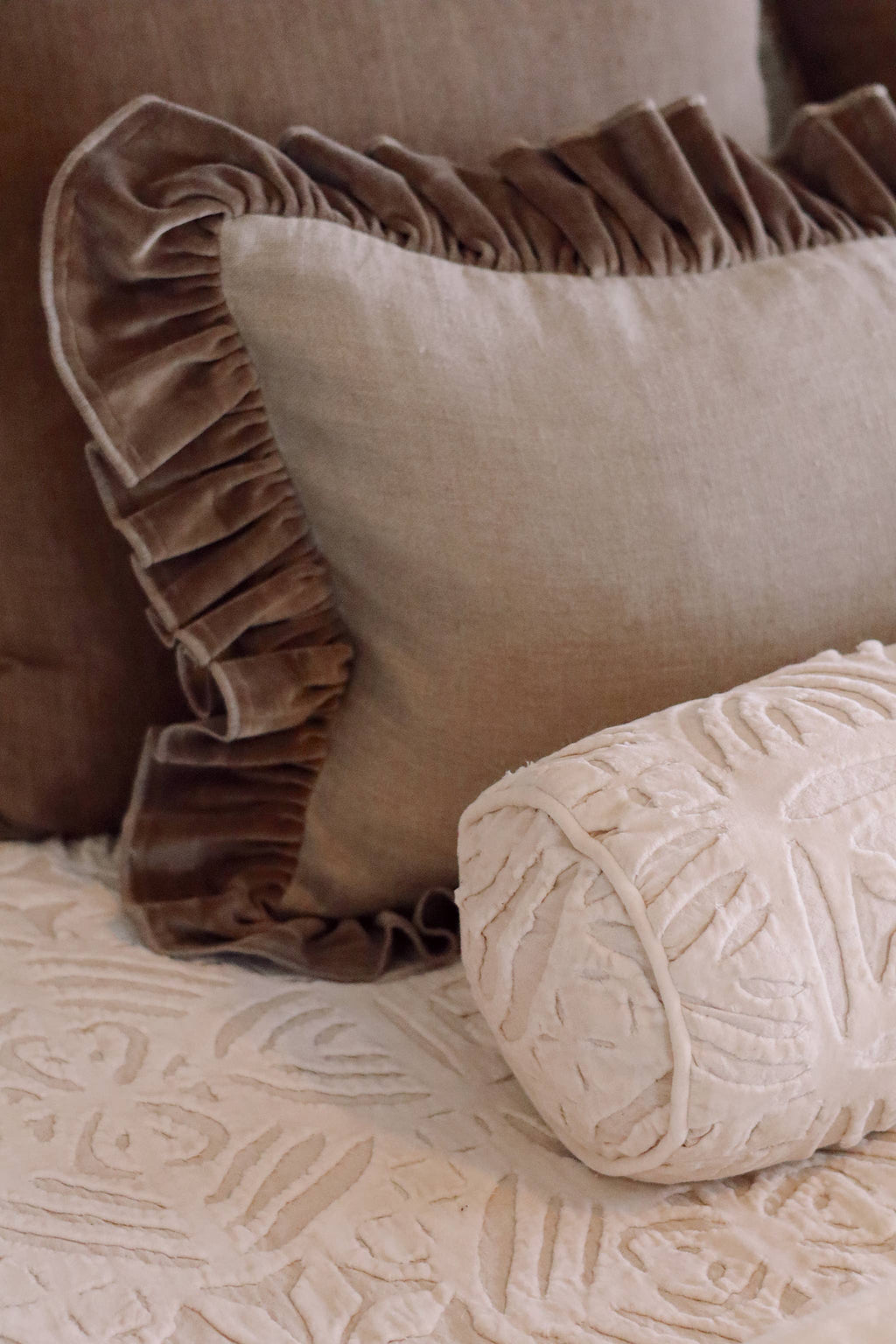 15x42 Velvet Ruffle Linen Pillow, Chocolate