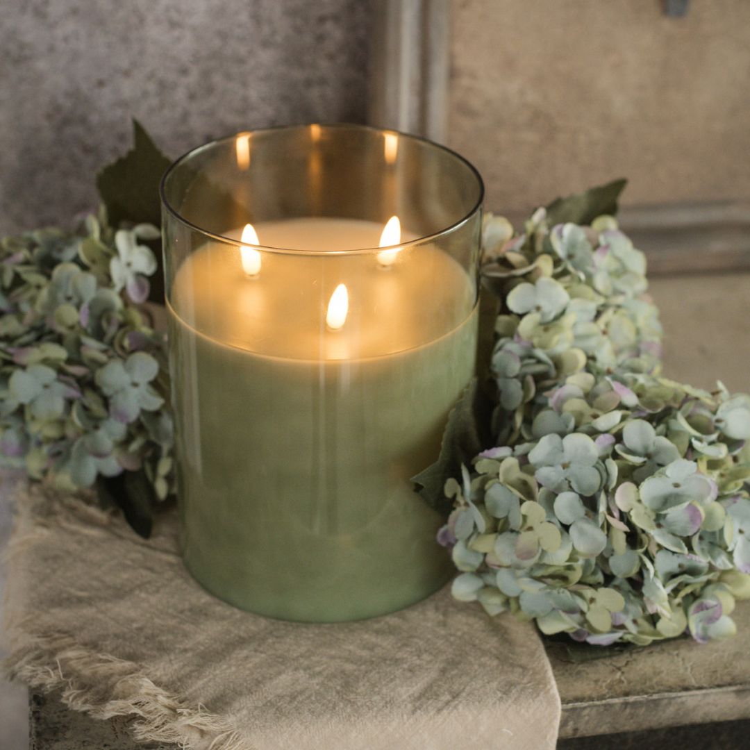 8" Green Glass 3 Wick 3D Flameless Candle Decor