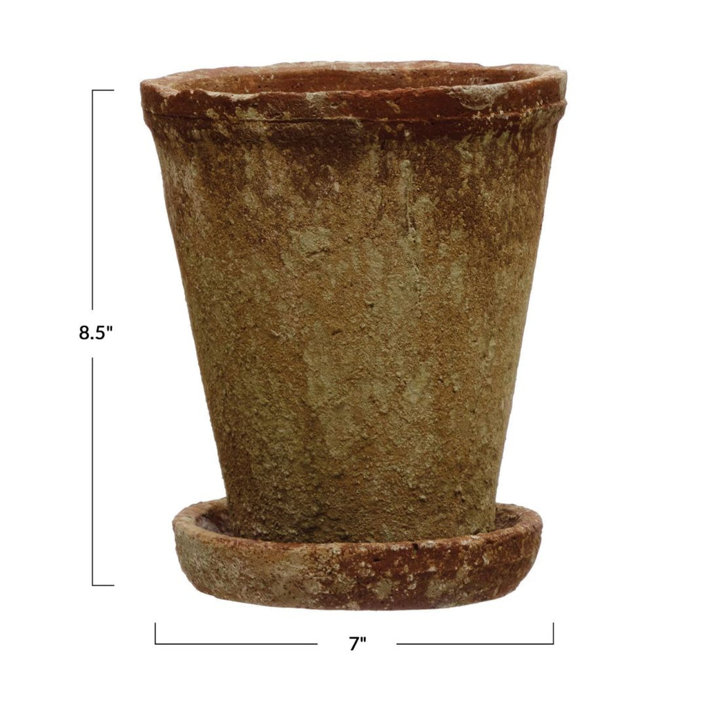 8.5" Cement Planter with Saucer – Distressed Terra-Cotta Finish