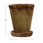 8.5" Cement Planter with Saucer – Distressed Terra-Cotta Finish