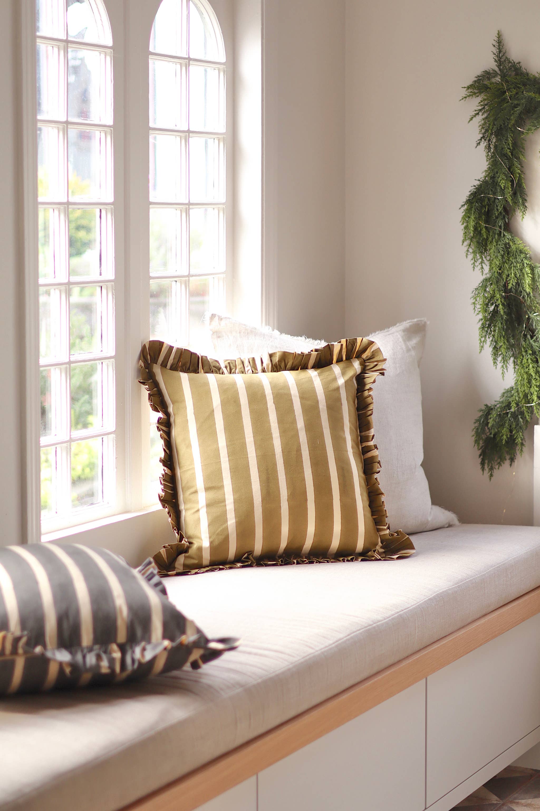 20x20 Block Print Stripe Ruffle Pillow, Olive