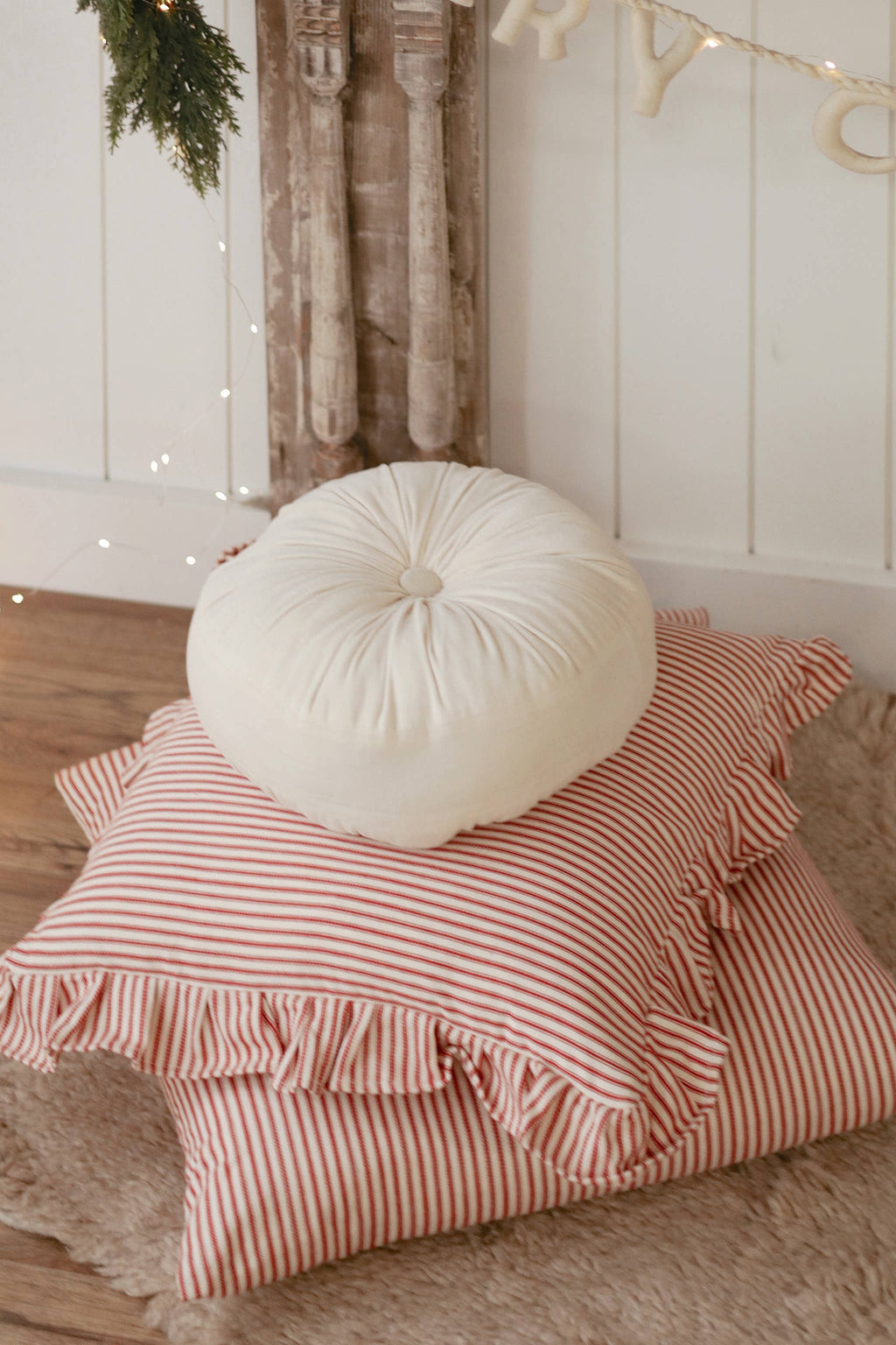 20x20 Red Ticking Ruffle Pillow