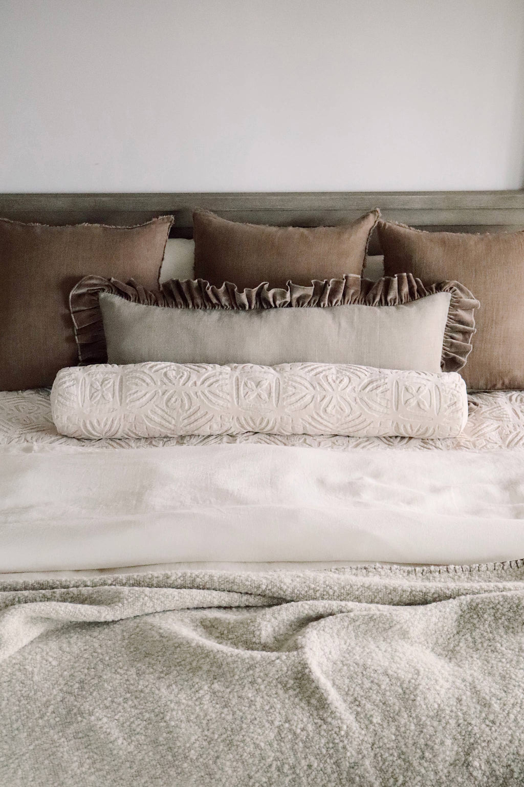 15x42 Velvet Ruffle Linen Pillow, Chocolate