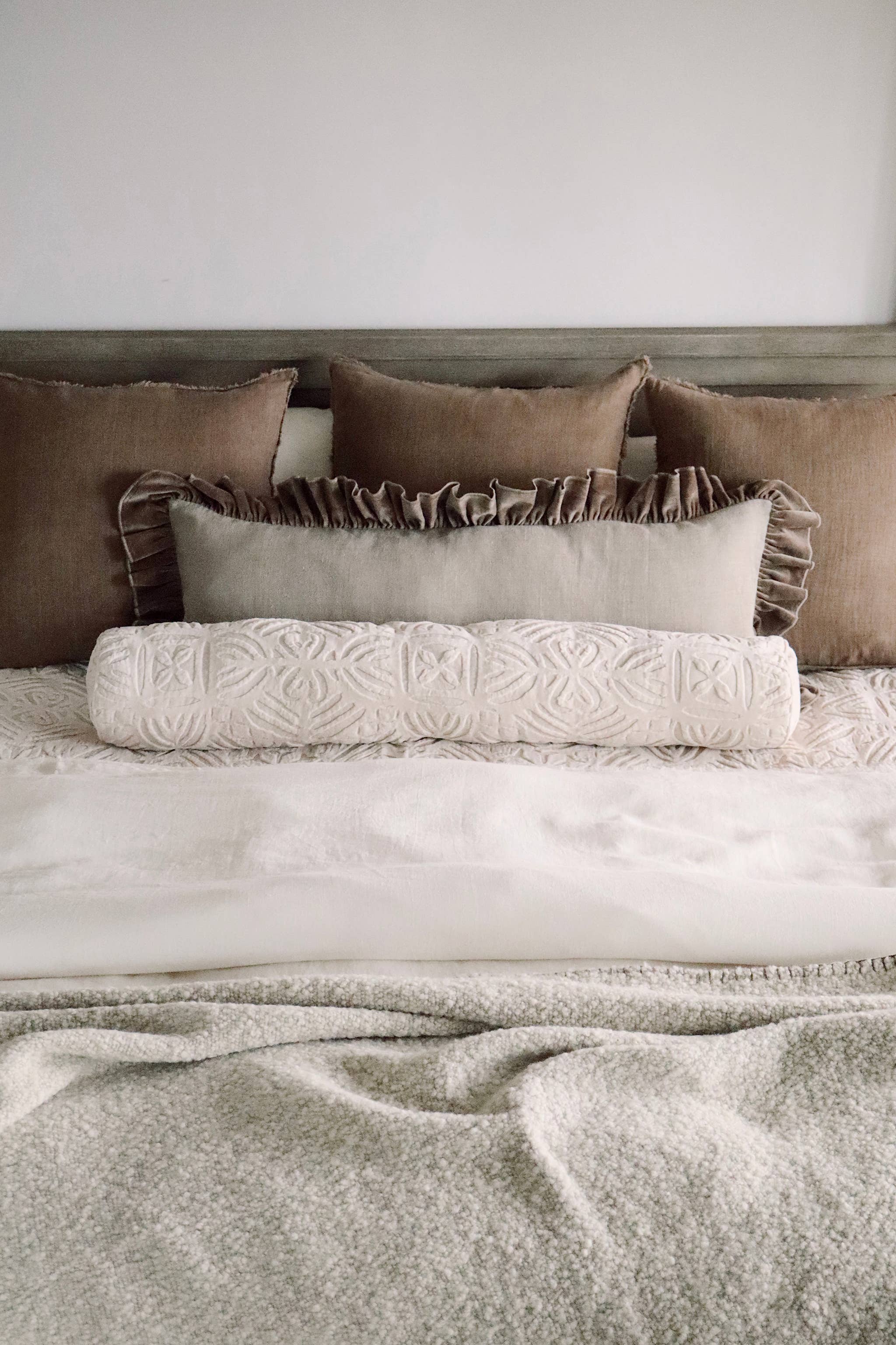 15x42 Velvet Ruffle Linen Pillow, Chocolate