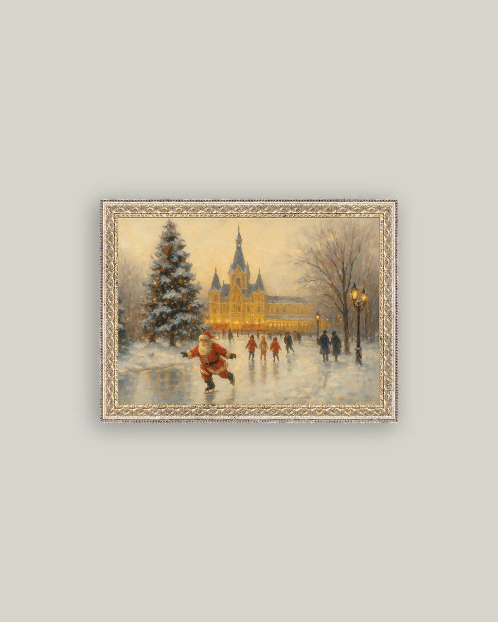 Skating Santa Framed Antique Art