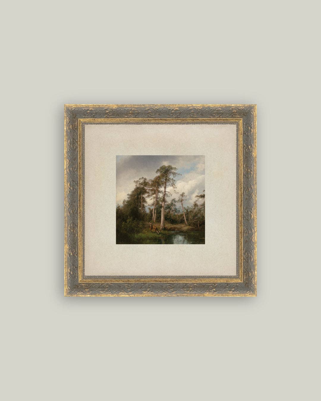 Live Oaks with Deer Framed Antique Art
