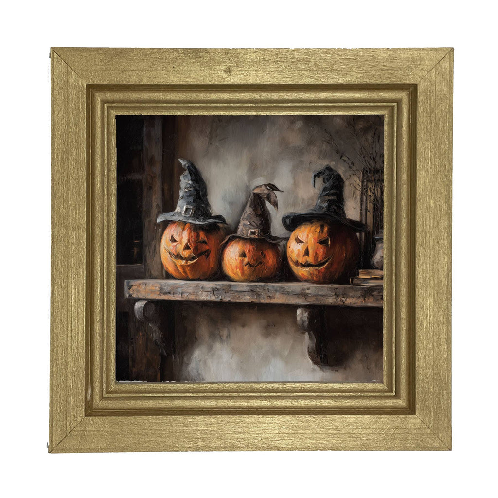 Trio of Jack-o-Lanterns in Witch Hats