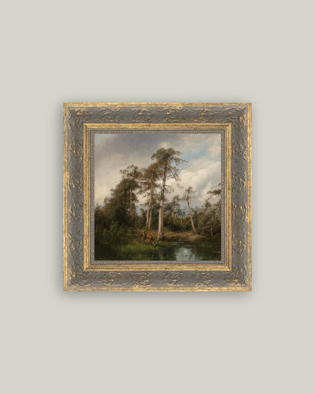 Live Oaks with Deer Framed Antique Art