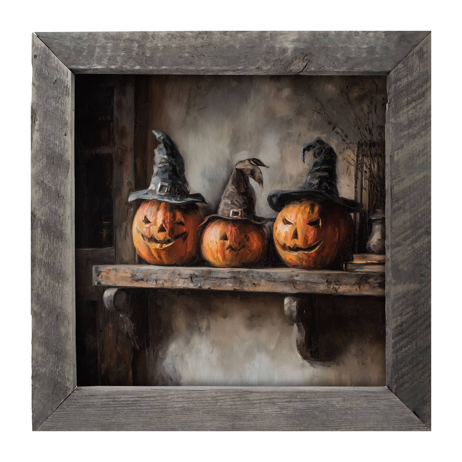 Trio of Jack-o-Lanterns in Witch Hats