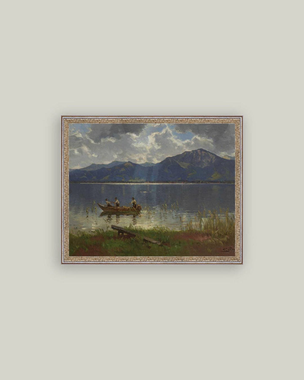Fishermen on Lake Framed Antique Art
