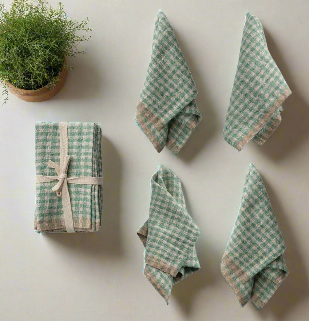 Aqua Gingham Linen Napkins |Set of 4
