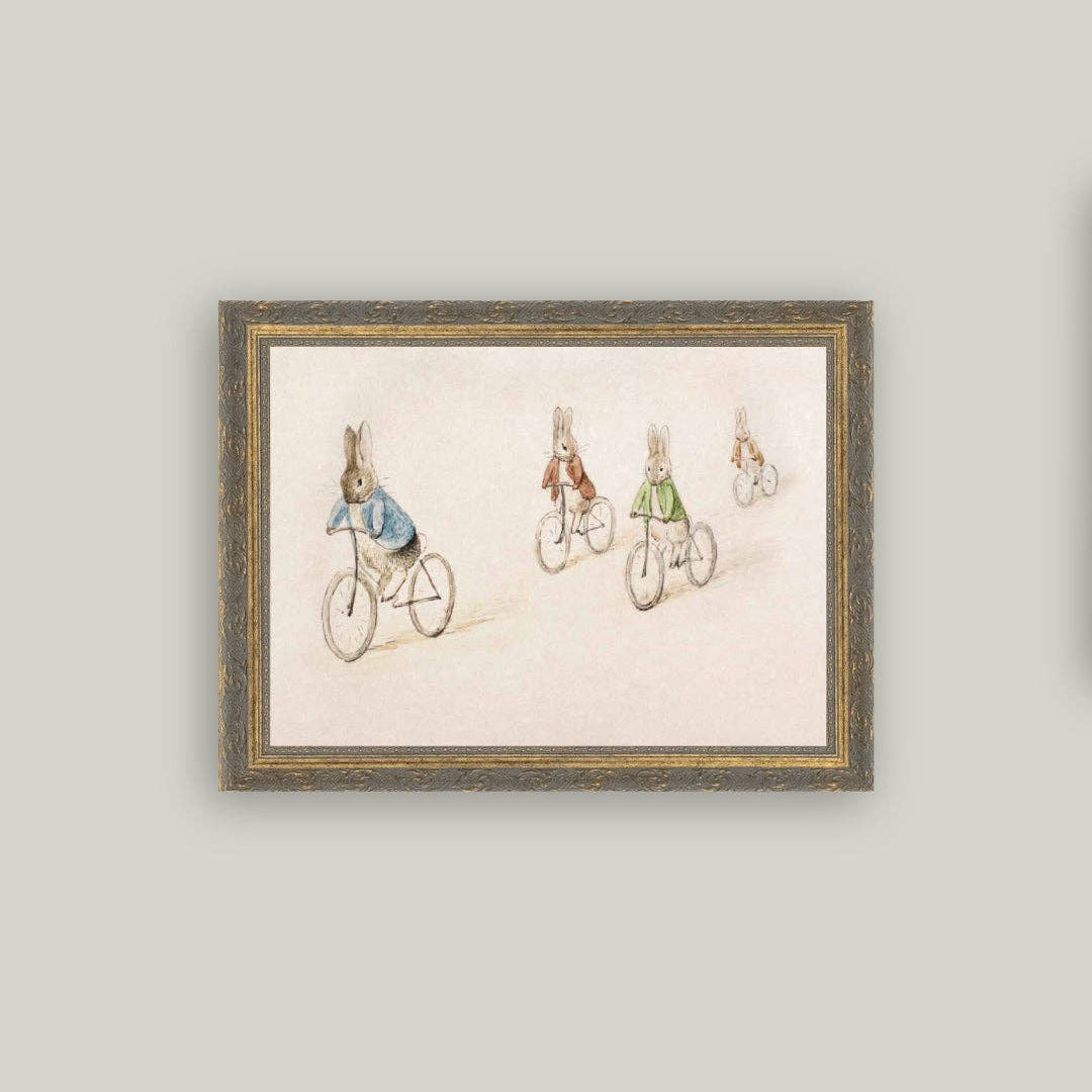 Biking Bunnies Framed Antique Art - 16" x 12" pic 2