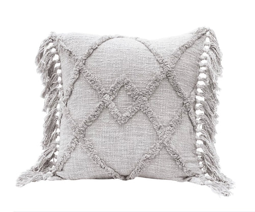 Grey Tufted Pillow with Fringe