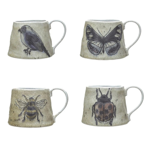 Stoneware Mug with Insect & Bird Design