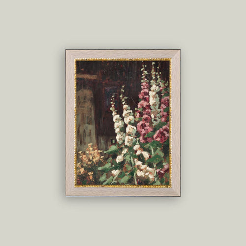 Hollyhock Field Framed Antique Art pic 1