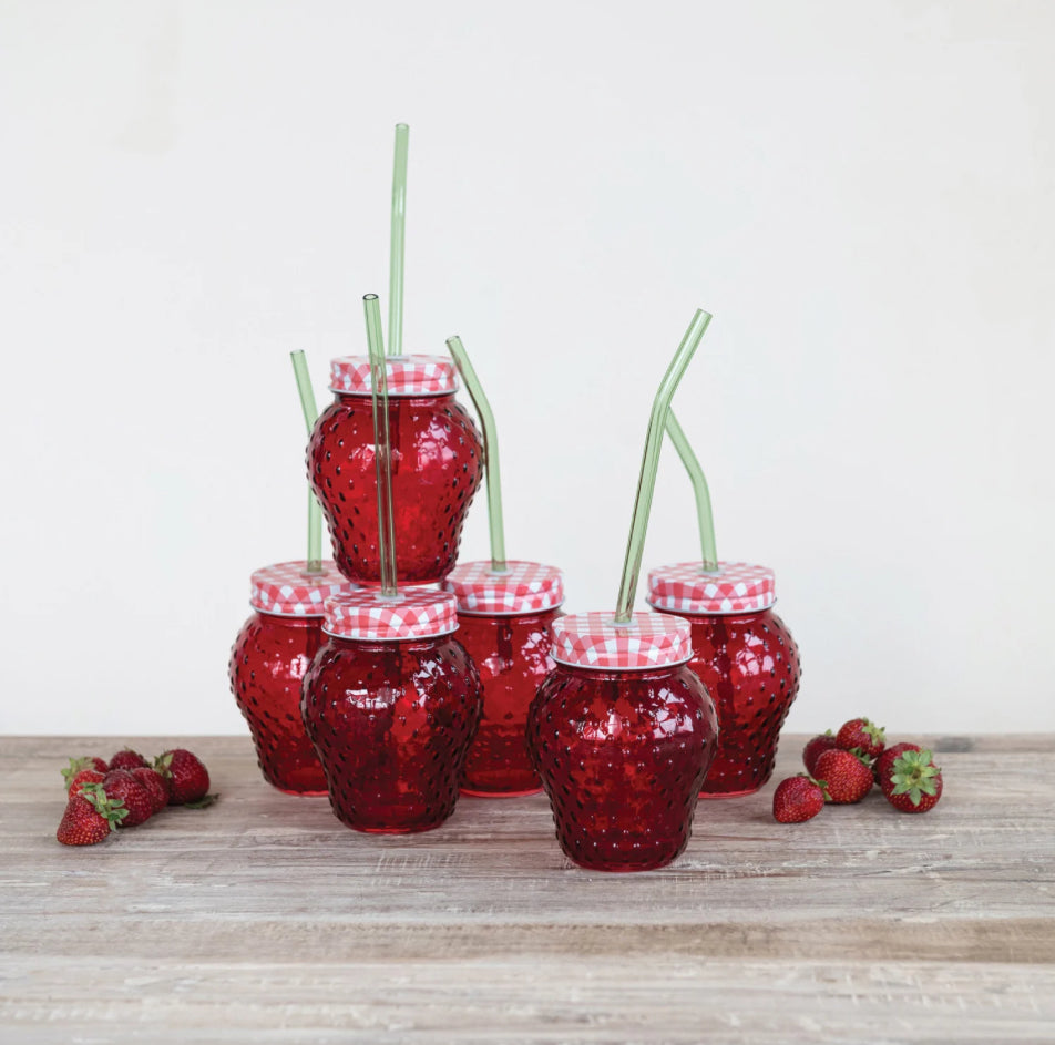 Strawberry Glass W/ lid & Straw