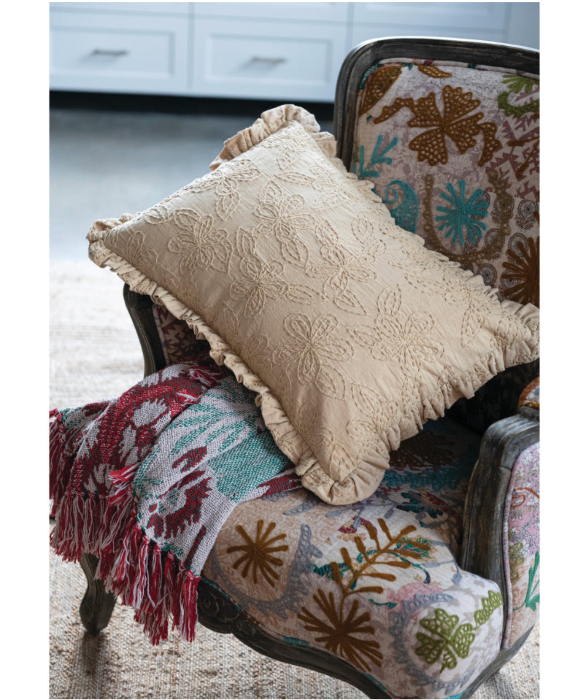 Embroidered Kantha Stitch Lumbar Pillow