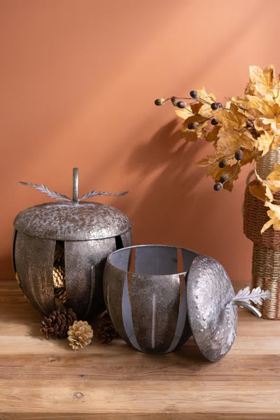 S/2 Rustic Metal Acorn Containers