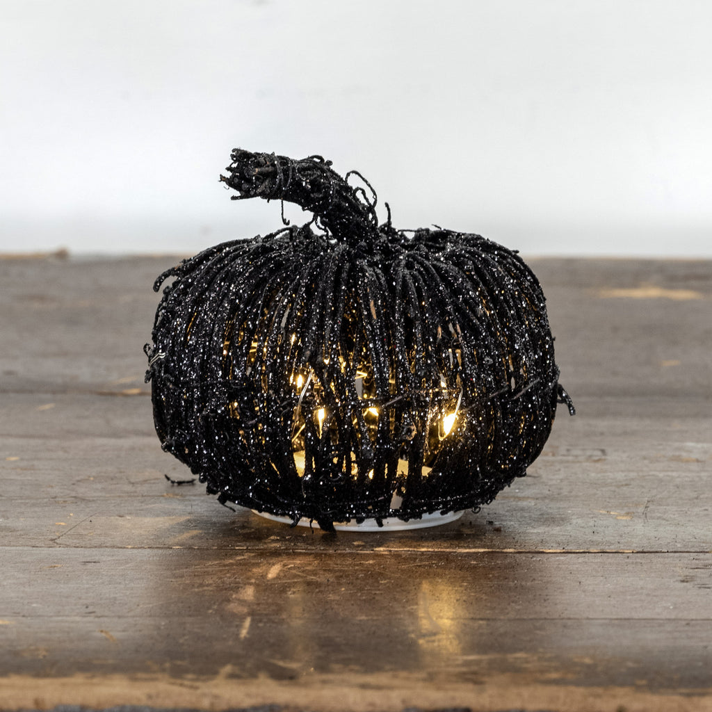 4.5" Lighted Black Glitter Rattan Pumpkin