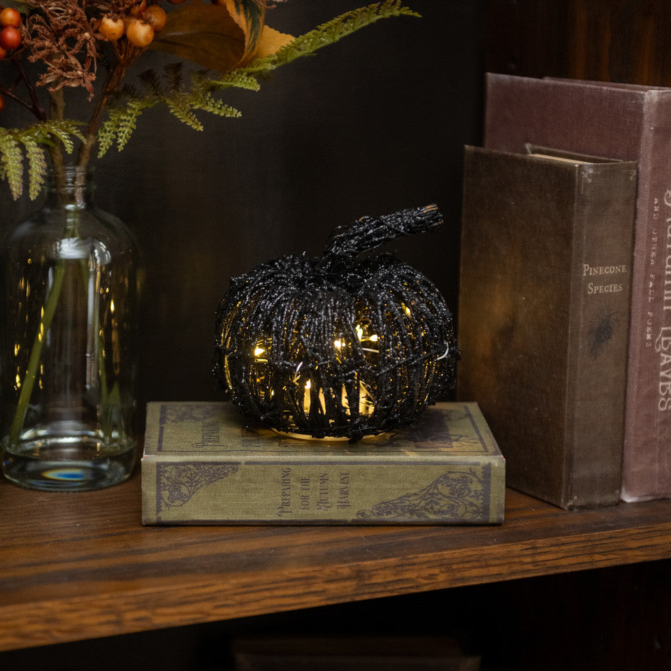 4.5" Lighted Black Glitter Rattan Pumpkin