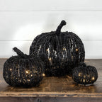 4.5" Lighted Black Glitter Rattan Pumpkin