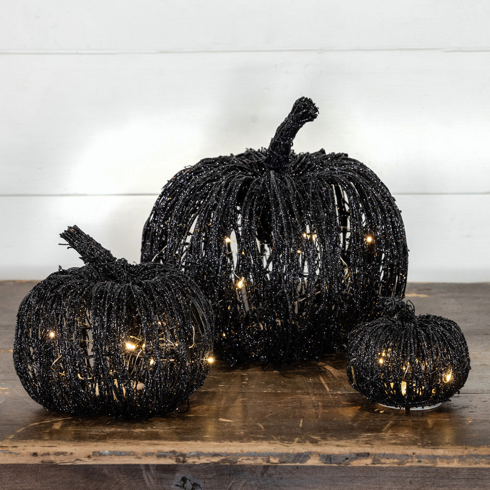 4.5" Lighted Black Glitter Rattan Pumpkin