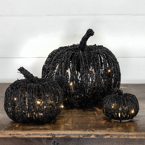 11" Lighted Black Glitter Rattan Pumpkin