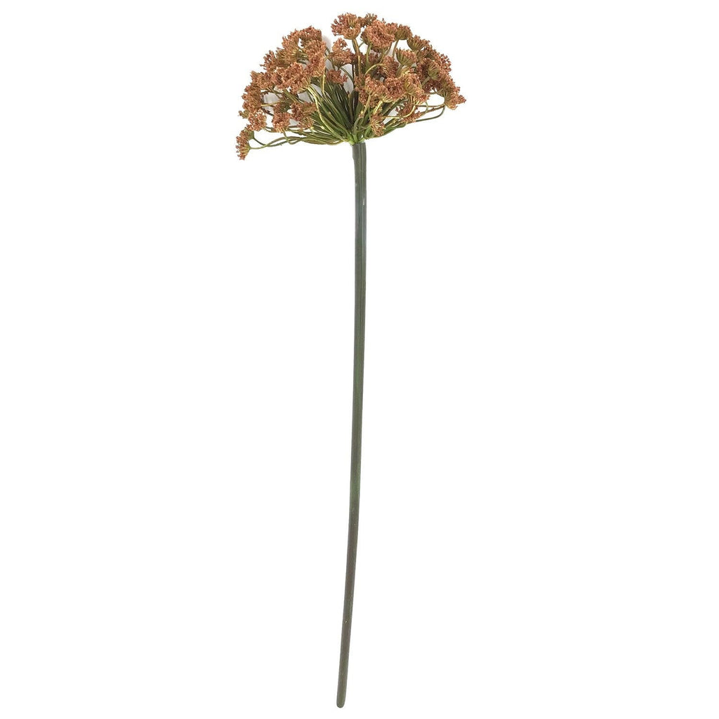 A single artificial dried flower stem with a round cluster of brown-orange blossoms on a long green stem, shown against a plain white background with a product code and dimensions in the bottom right corner.