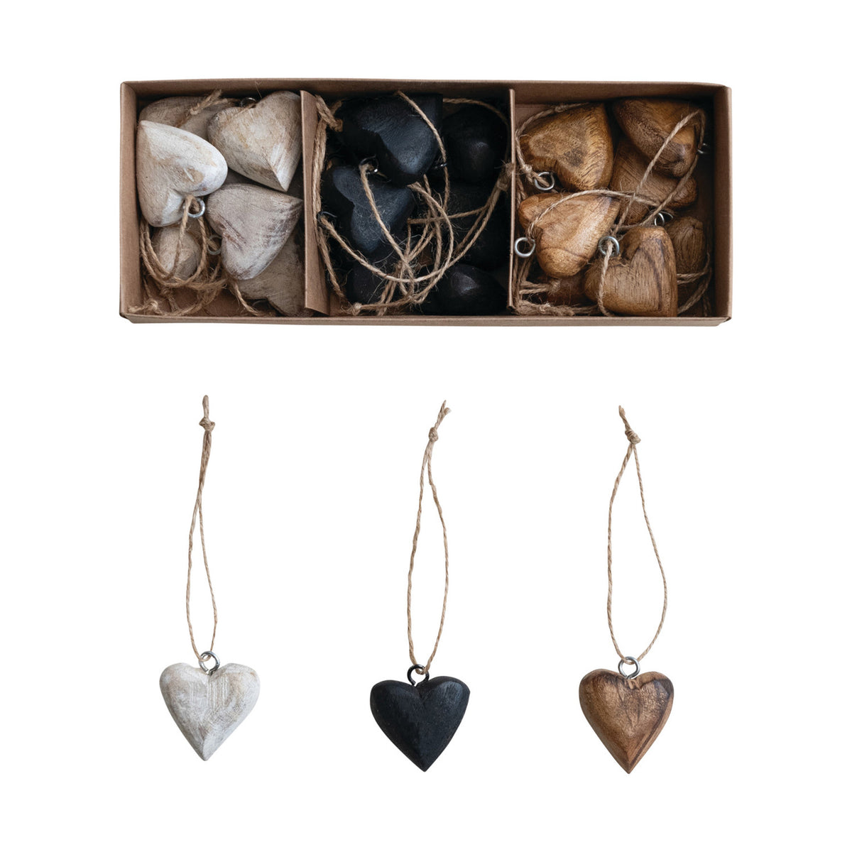 Mango Wood Heart Orn. w/ Jute Hangers