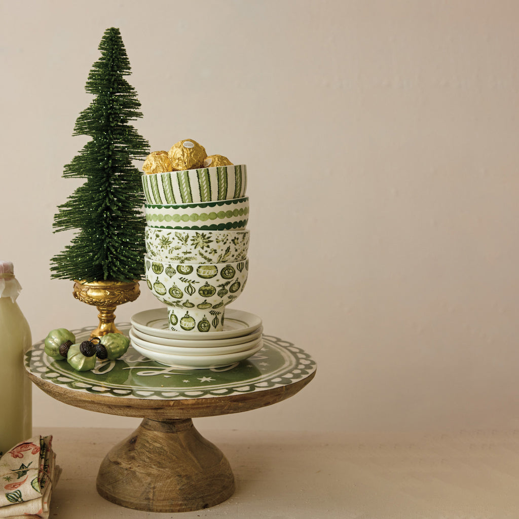 Green Holiday Stoneware Footed Bowl