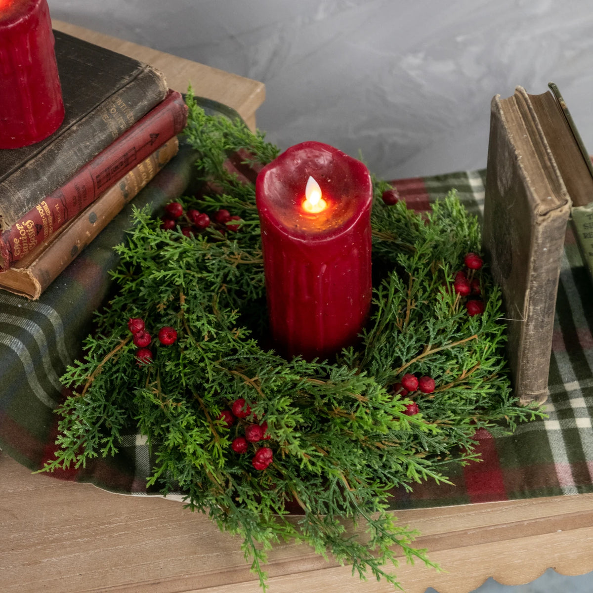 16" Soft Cedar & Red Berry Wreath