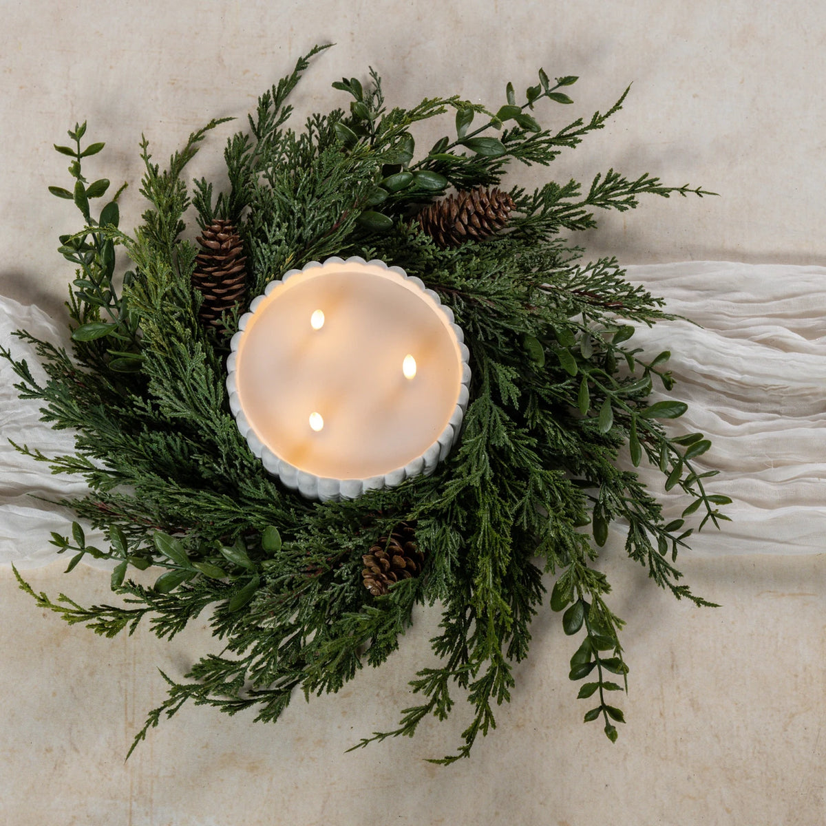 16" Cypress & Ruscus Candle Ring