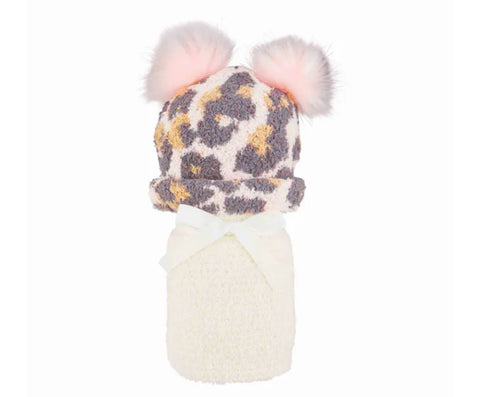 Chenille Leopard Blanket Hat Set