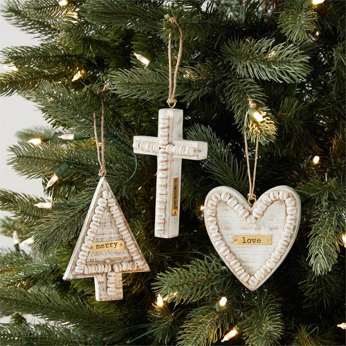 Beaded White Wood Ornaments
