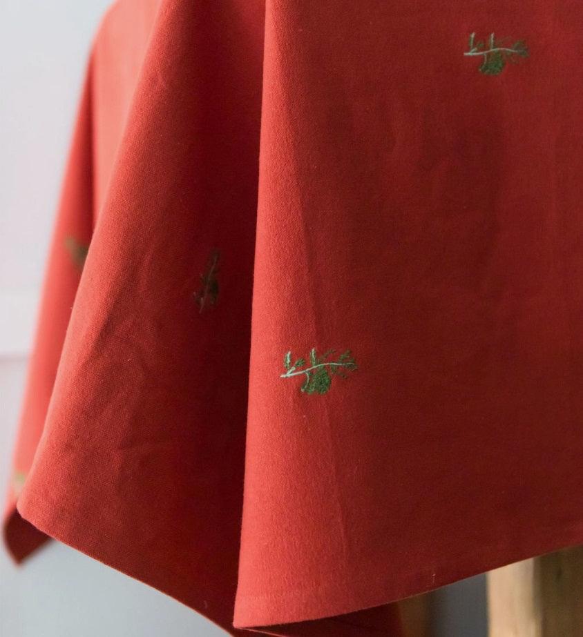 90" Burnt Red Tablecloth  & Green Fleur