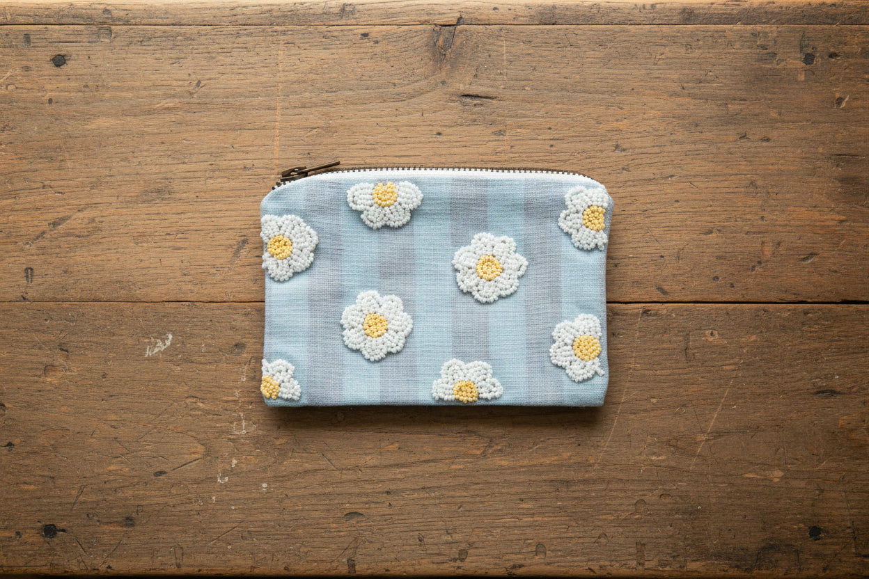 Blue Stripe Floral Bead Zipper Pouch