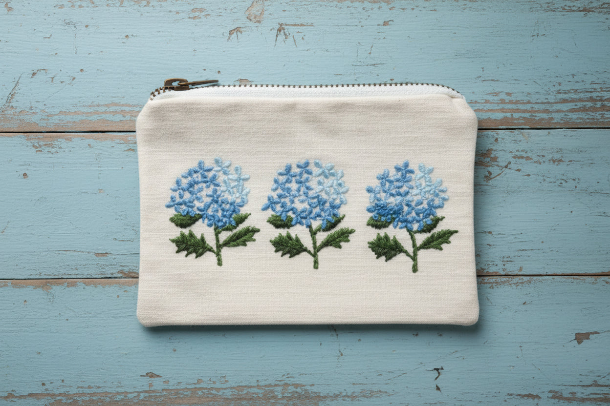 Blue Hydrangea Emb. Zipper Pouch