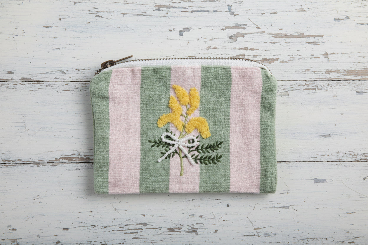Pink Green Stripe Floral Emb. Zipper Pouch