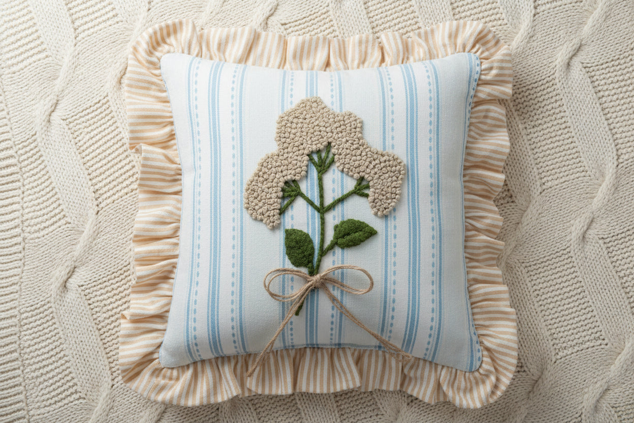 Multi - Stripe Check Ruffle Floral Emb. Pillow