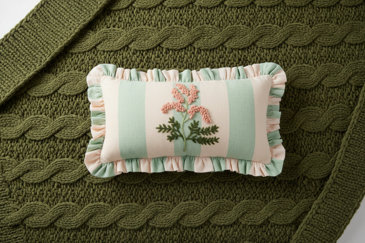 Green Check Ruffle Floral Emb. Pillow