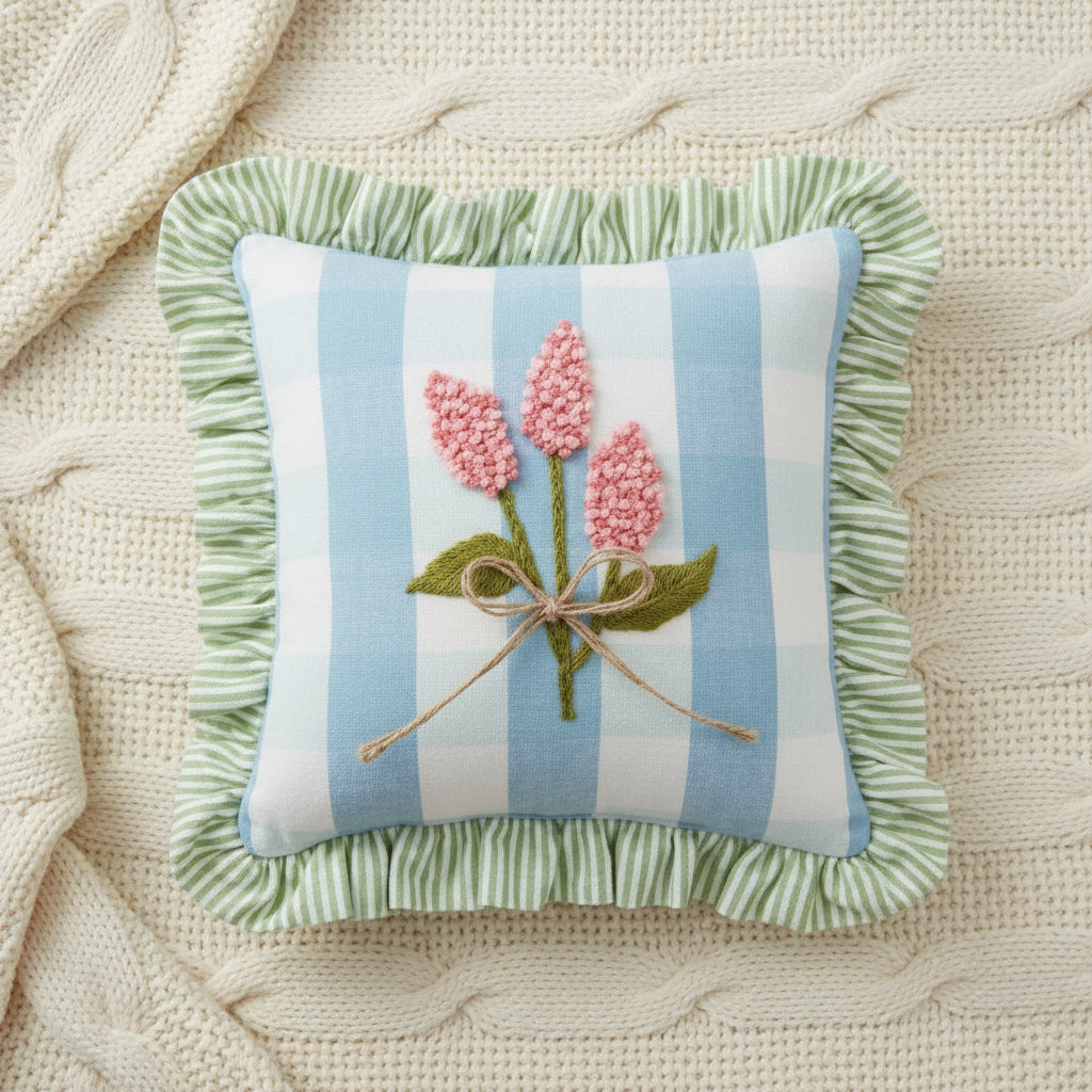 Blue Check Ruffle Floral Emb. Pillow