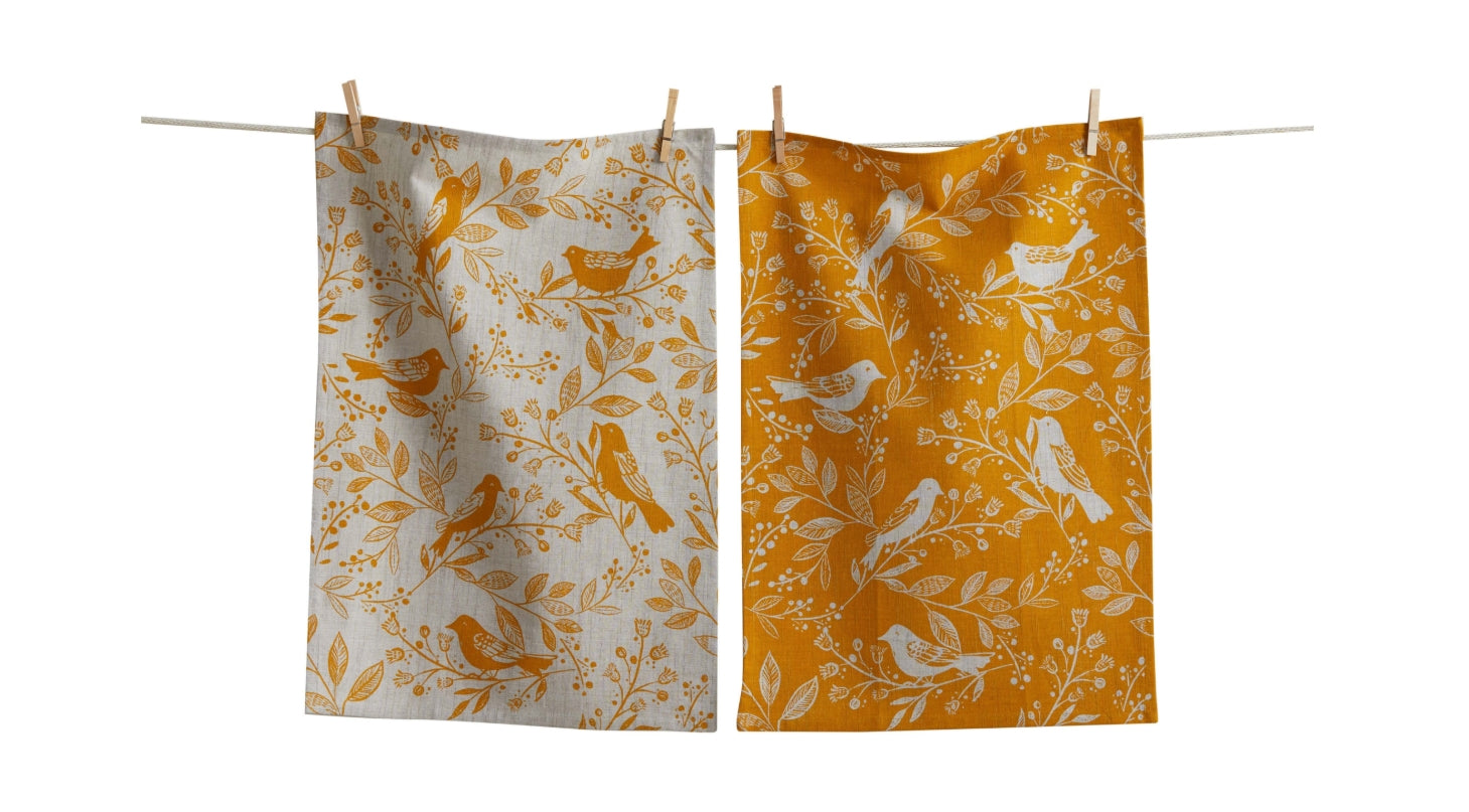 Canyon Print Birds & Vines Dishtowel S/2 Ochre