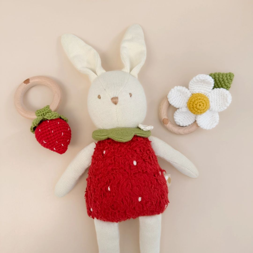 Strawberry Teether & Rattle Toy for Baby and bunny doll