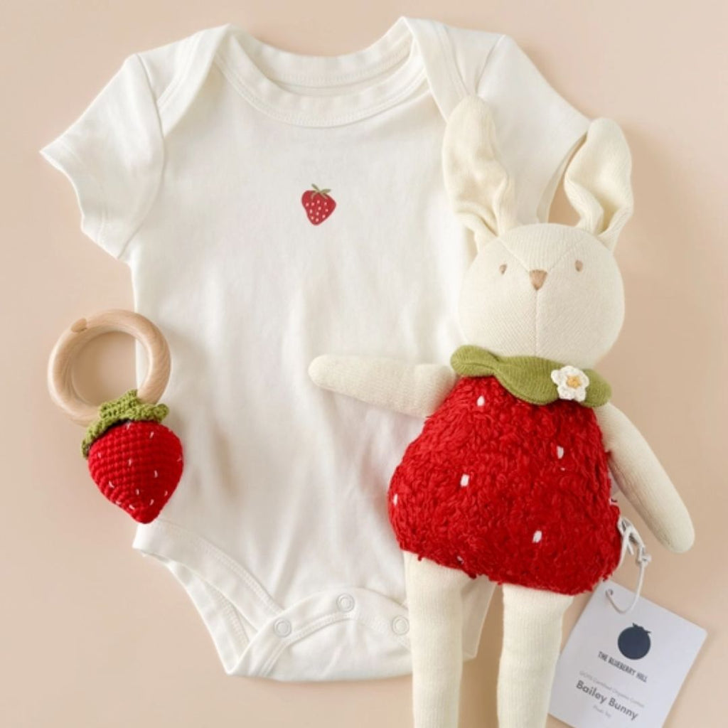 Strawberry Teether & Rattle Toy for Baby and bunny doll and onesie