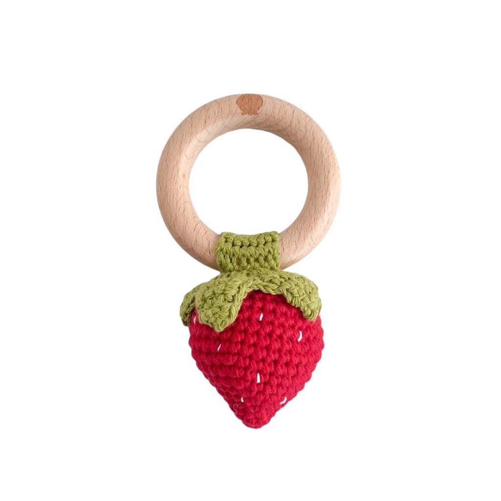 Strawberry Teether & Rattle Toy for Baby with Cotton Crochet