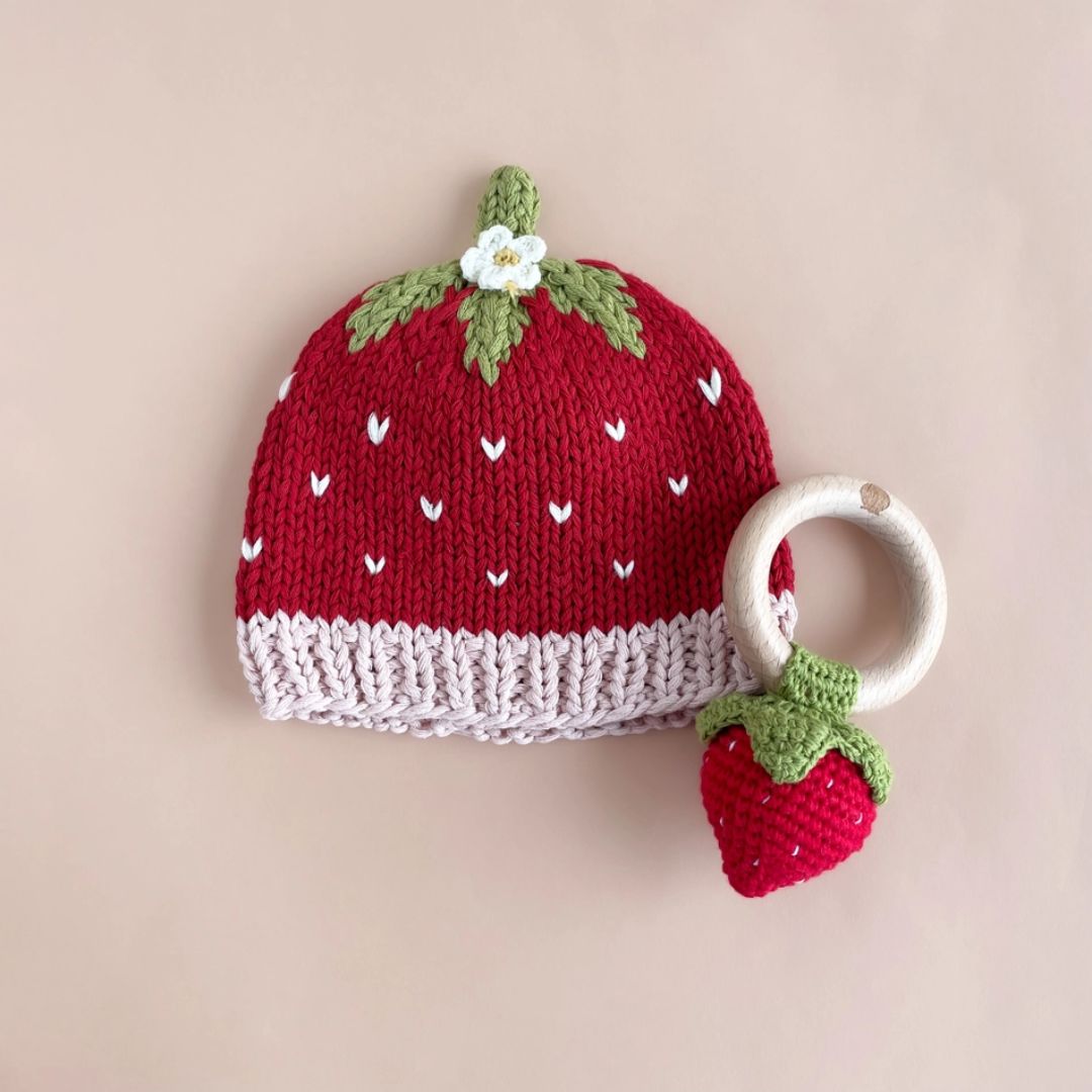 Strawberry Teether & Rattle Toy for Baby with Cotton Crochet & Baby Cap