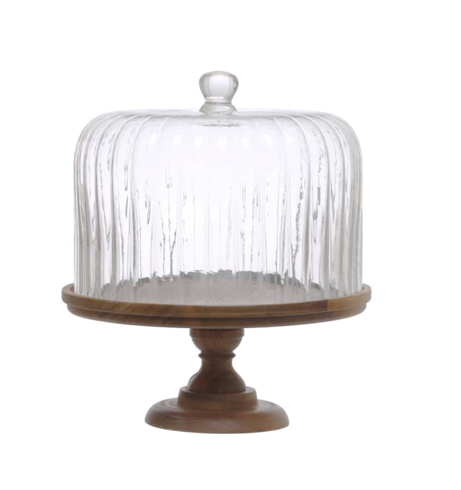 Wood Pedestal with Fluted Glass Cloche