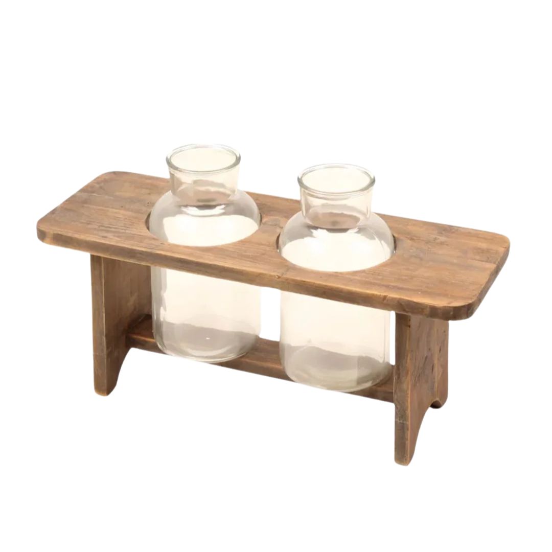 Wooden Flower Stand & 2 Bottles Set
