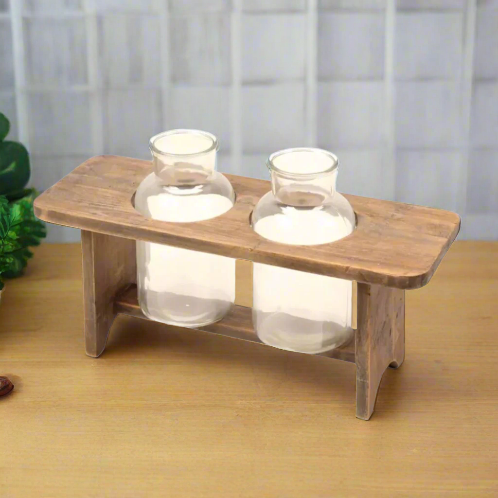 Wooden Flower Stand & 2 Bottles Set
