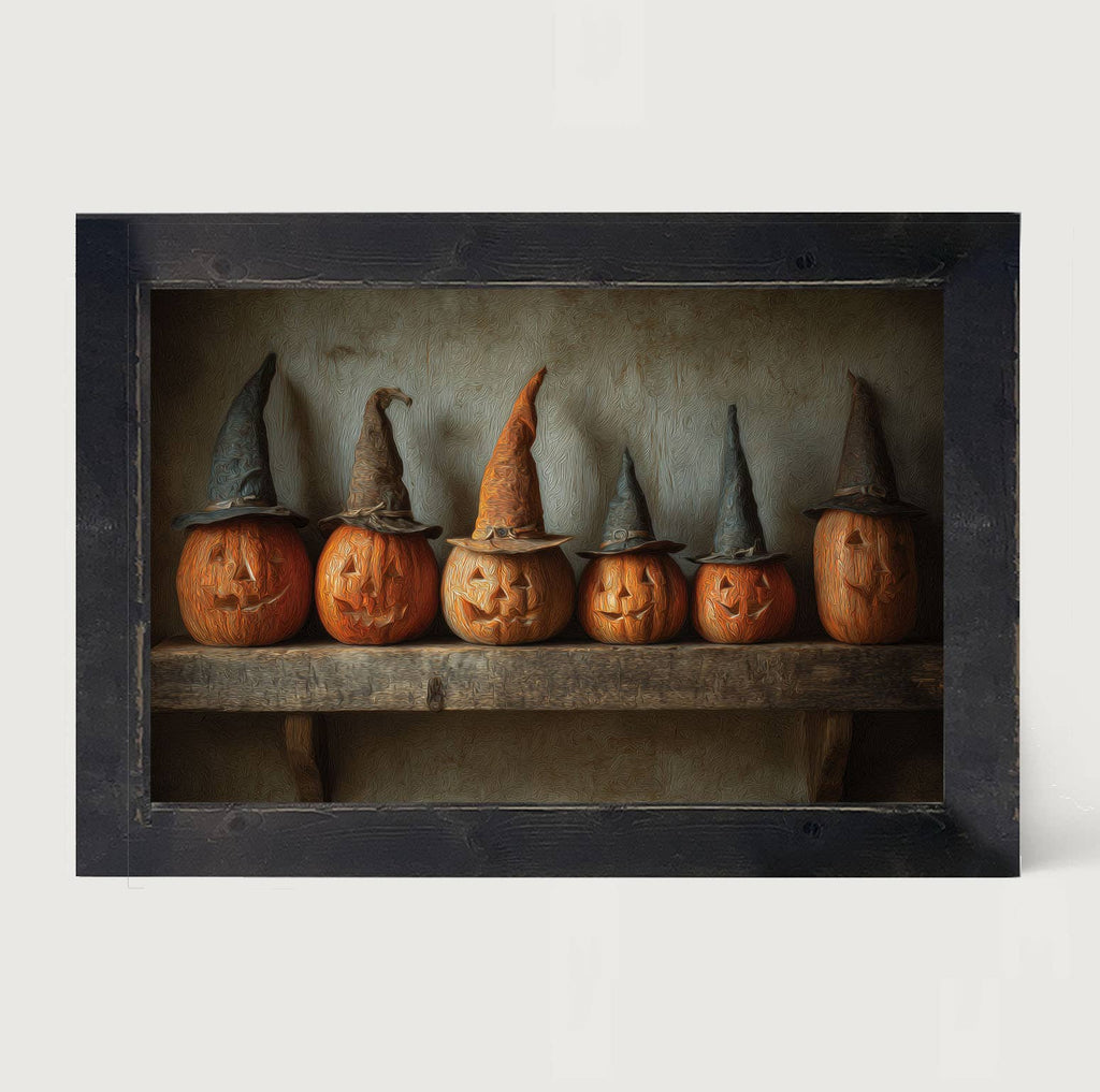 Shelf Full of Jack-o-Lanterns in Witch Hats - HF